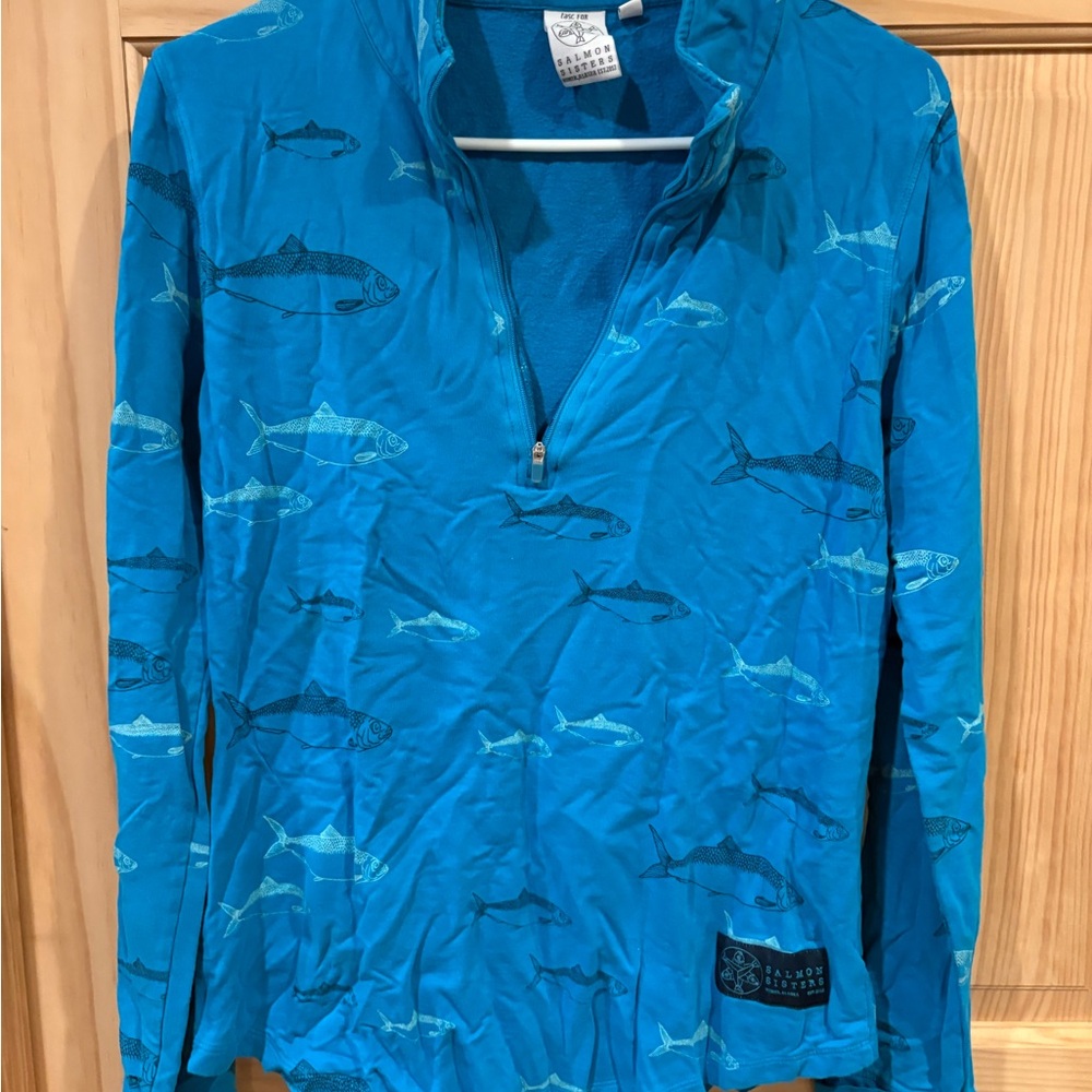 Salmon sisters  Teal Fish Print long sleeve